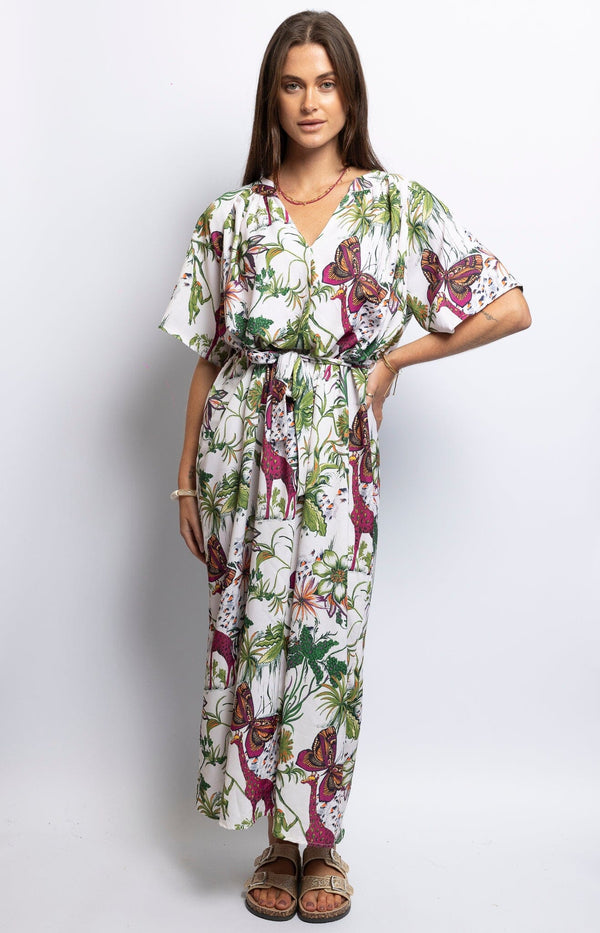 Tropical print maxi dress with V-neckline and kimono sleeves – Parisian elegance by Volange Paris.