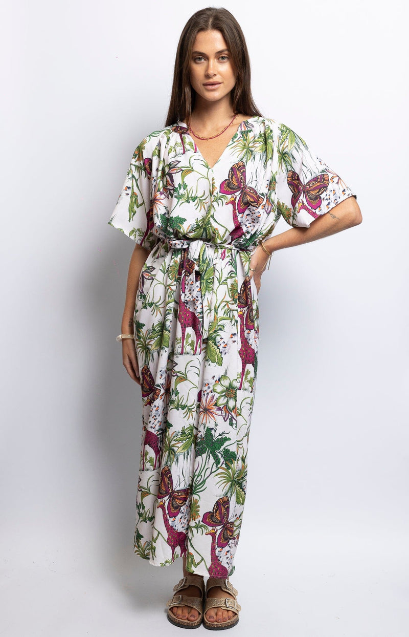 Tropical print maxi dress with V-neckline and kimono sleeves – Parisian elegance by Volange Paris.