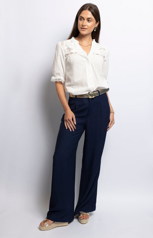 Super stylish wide-leg navy trousers with high waist, pockets – Effortless elegance Volange Paris Sydney.