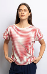 Red and white striped t-shirt with round neckline, short sleeves, and slim fit – Casual French fashion by Volange Sydney.
