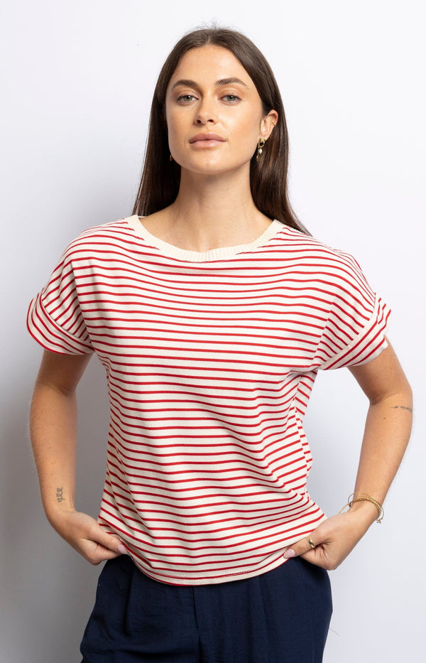 Red and white striped t-shirt with round neckline, short sleeves, and slim fit – Casual French fashion by Volange Sydney.