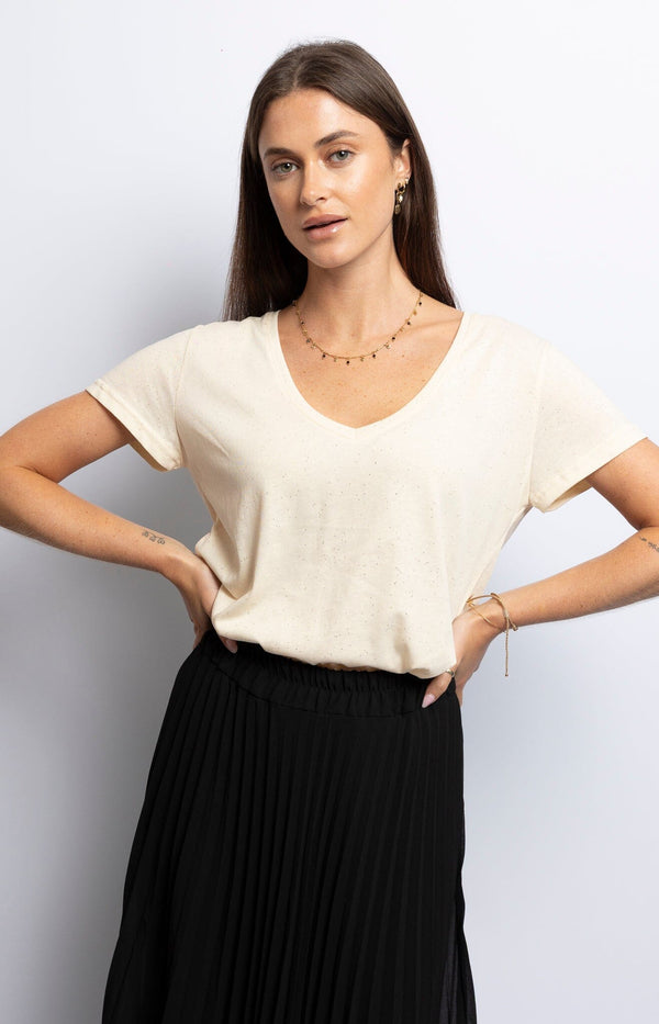Soft butter-toned cotton blend T-shirt with a chic casual style with sparkles – Relaxed French fashion from Volange Paris