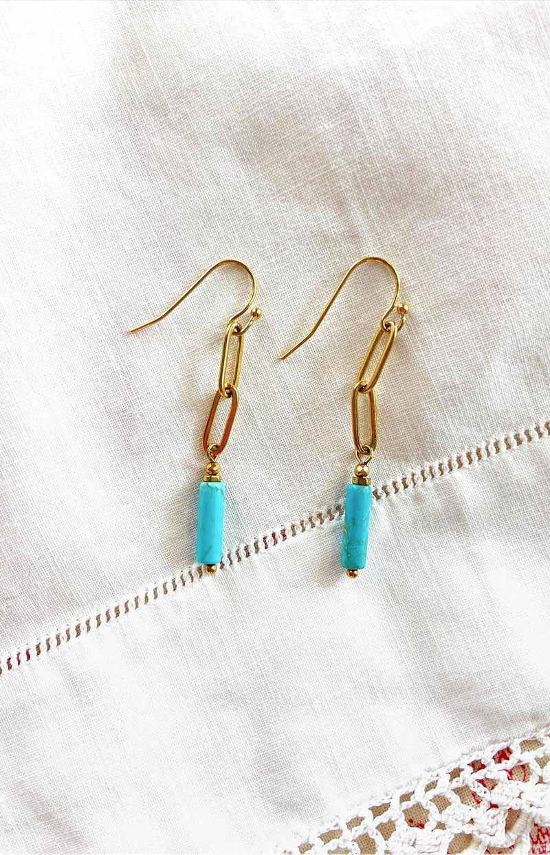 Elegant turquoise stone drop earrings with gold-plated links – French jewellery design from Volange Paris