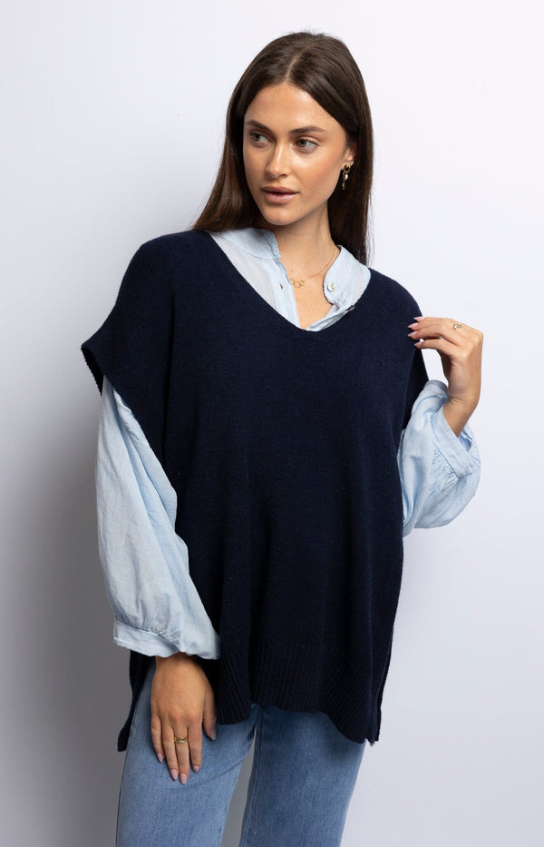 Navy sleeveless vest chic and comfortable soft blend with a relaxed fit – Timeless French fashion layering piece from Volange Paris