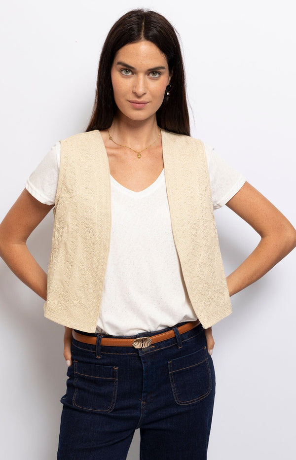 Embroidered sleeveless cotton vest in cream – a stylish layering piece from Volange Paris, French fashion inspired.