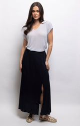 Navy maxi skirt in lightweight viscose with a flowing shape, fitted waistband and elegant side split – Volange Paris, Parisian fashion in Sydney (Mosman, Paddington and Bronte) or Australia-wide online.