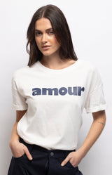 White T-shirt in 100% cotton with navy Amour print, round neckline and an easy straight fit – Volange Paris, Parisian fashion in Sydney (Mosman, Paddington and Bronte) or Australia-wide online.