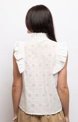 White cotton blouse with broderie anglaise embroidery, pintuck detailing, ruffled collar and statement flutter shoulders – Volange Paris, Parisian fashion in Sydney (Mosman, Paddington and Bronte) or Australia-wide online.