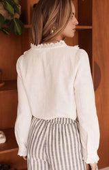 White cotton blouse with broderie ruffle collar and delicate embroidered trim, Parisian elegance by Volange Paris, French fashion in Sydney.