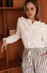 White cotton blouse with broderie ruffle collar and delicate embroidered trim, Parisian elegance by Volange Paris, French fashion in Sydney.