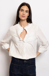 White cotton blouse with ruffled collar and long sleeves, Parisian elegance by Volange Paris