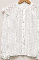 White cotton blouse with delicate broderie anglaise embroidery, lace inserts and ruffle details – Volange Paris, Parisian fashion in Sydney (Mosman, Paddington and Bronte) or Australia-wide online.