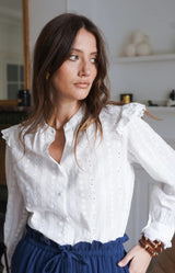 White cotton blouse with delicate broderie anglaise embroidery, lace inserts and ruffle details – Volange Paris, Parisian fashion in Sydney (Mosman, Paddington and Bronte) or Australia-wide online.