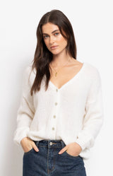 Soft white mohair blend cardigan with relaxed fit – Parisian elegance by Volange Paris, French fashion in Sydney.