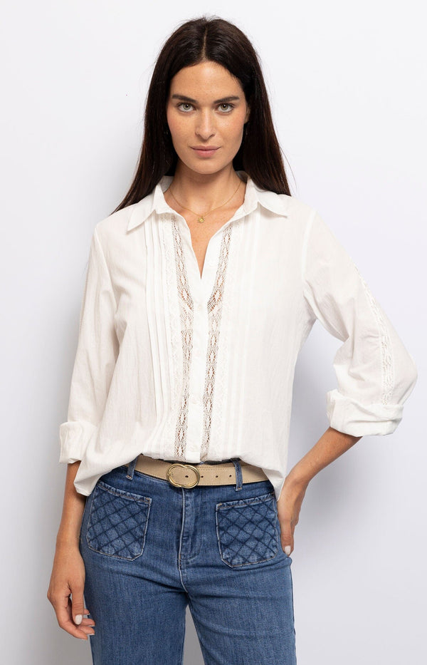 White cotton shirt with lace front panel – Romantic French style from Volange Paris