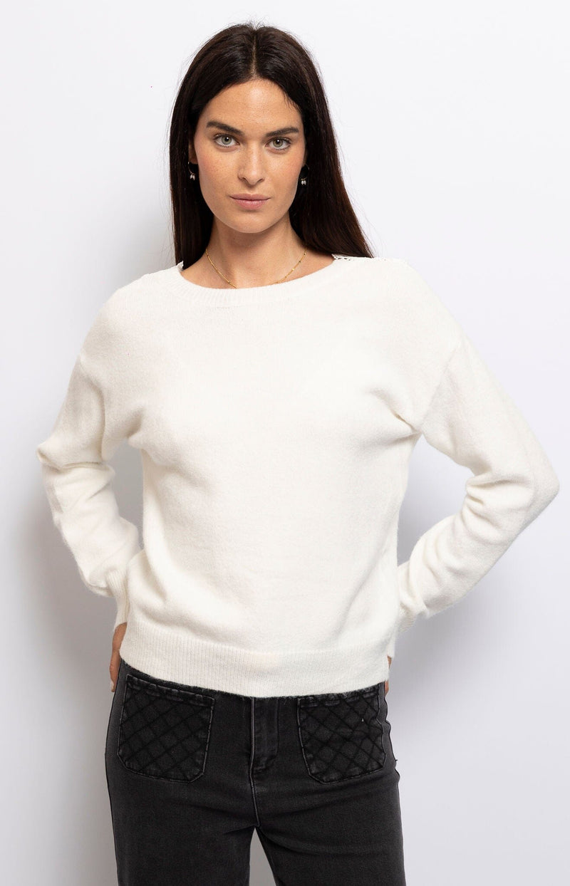 White jumper with open lace back – Feminine French knitwear from Volange Paris