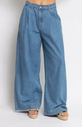 Light blue wide leg denim pants with high waist and pleats, relaxed cotton denim trousers, Parisian elegance by Volange Paris, French fashion in Sydney