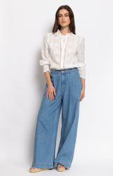 Light blue wide leg denim pants with high waist and pleats, relaxed cotton denim trousers, Parisian elegance by Volange Paris, French fashion in Sydney