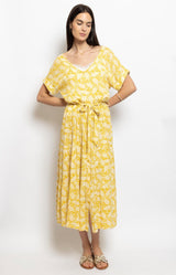 Yellow printed viscose midi dress with V-neckline, short sleeves and drawstring waist – effortless Parisian chic by Volange Paris.
